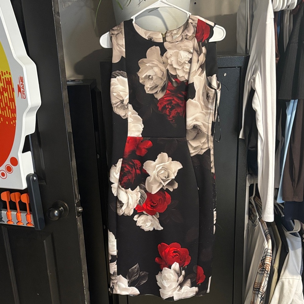 Calvin Klein Floral-Print Black Dress with Red Accents